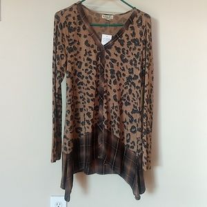 One World leopard & plaid print blouse